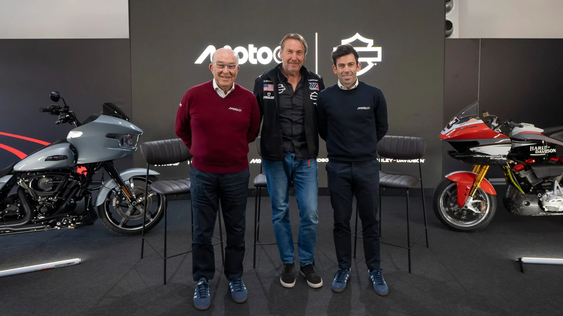 Harley-Davidson and MotoGP™ announce new global racing series launching in 2026, from left to the right, with Carmelo Ezpeleta, Jochen Zeitz and Carlos Ezpeleta.
