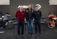 Harley-Davidson and MotoGP™ announce new global racing series launching in 2026, from right to the left, with Carmelo Ezpeleta, Jochen Zeitz and Carlos Ezpeleta.