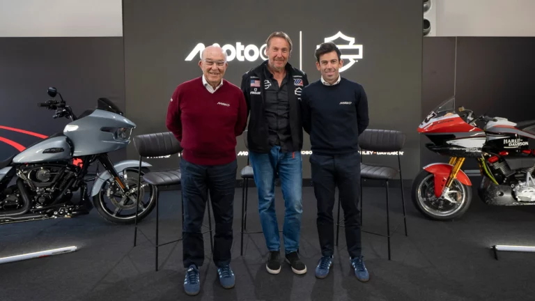 Harley-Davidson and MotoGP™ announce new global racing series launching in 2026, from left to the right, with Carmelo Ezpeleta, Jochen Zeitz and Carlos Ezpeleta.