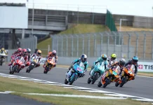 Moto3 race start at Silverstone in England. Photo courtesy Dorna.
