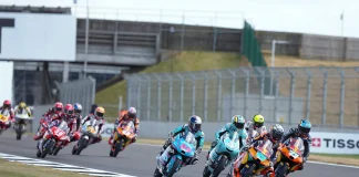 Moto3 race start at Silverstone in England. Photo courtesy Dorna.