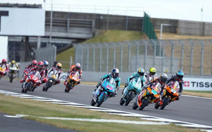 Moto3 race start at Silverstone in England. Photo courtesy Dorna.
