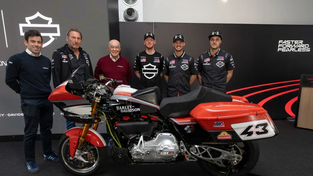 Harley Davidson and MotoGP. From left to right, Carlos Ezpeleta, Jochen Zeitz, Carmelo Ezpeleta, Bradley Smith, Kyle Wyman and Jason Kehl.