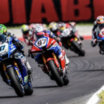 Gardner (87), Vierge (97) and Van Der Mark (60) during race the race 1 at Cremona. Photo courtesy Dorna.