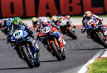 Gardner (87), Vierge (97) and Van Der Mark (60) during race the race 1 at Cremona. Photo courtesy Dorna.