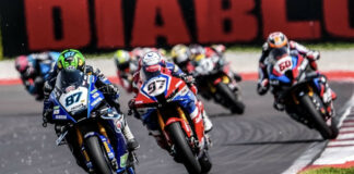 Gardner (87), Vierge (97) and Van Der Mark (60) during race the race 1 at Cremona. Photo courtesy Dorna.
