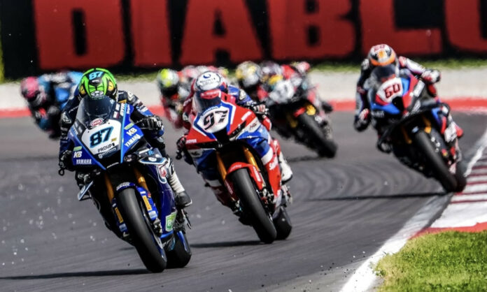 Gardner (87), Vierge (97) and Van Der Mark (60) during race the race 1 at Cremona. Photo courtesy Dorna.