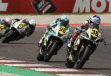 Neila (36), Ponziani (96), Sanchez (64) and Lewis (21) during Race 2 at Cremona. Photo courtesy Dorna.
