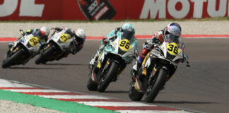 Neila (36), Ponziani (96), Sanchez (64) and Lewis (21) during Race 2 at Cremona. Photo courtesy Dorna.