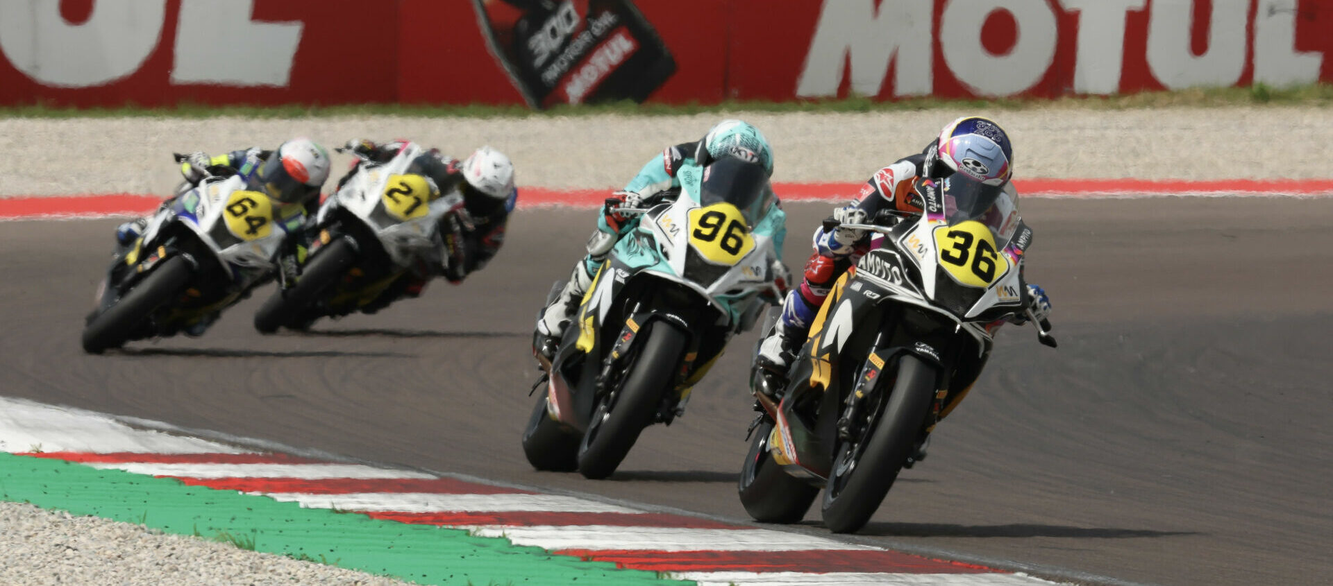 Neila (36), Ponziani (96), Sanchez (64) and Lewis (21) during Race 2 at Cremona. Photo courtesy Dorna.