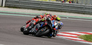 Razgatlioglu (1), Bulega (11) and Bautista (19) during Race 2 at Cremona. Photo courtesy Dorna.