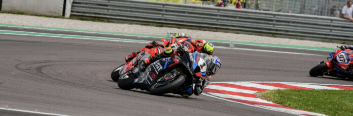Razgatlioglu (1), Bulega (11) and Bautista (19) during Race 2 at Cremona. Photo courtesy Dorna.