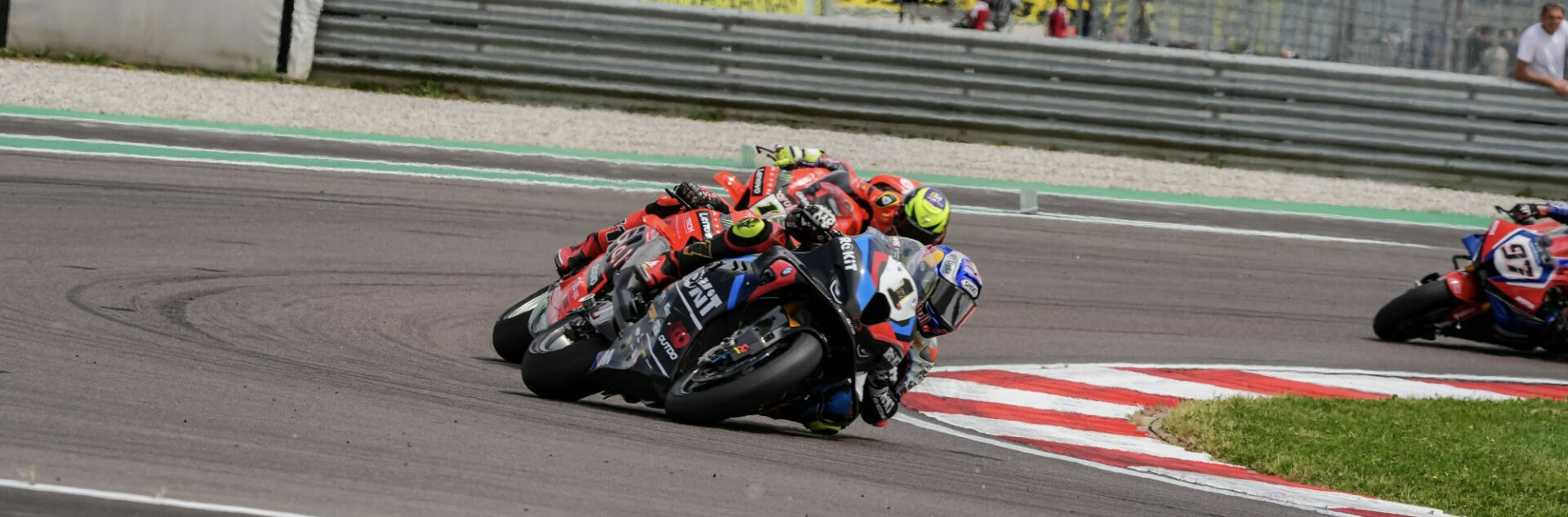 Razgatlioglu (1), Bulega (11) and Bautista (19) during Race 2 at Cremona. Photo courtesy Dorna.