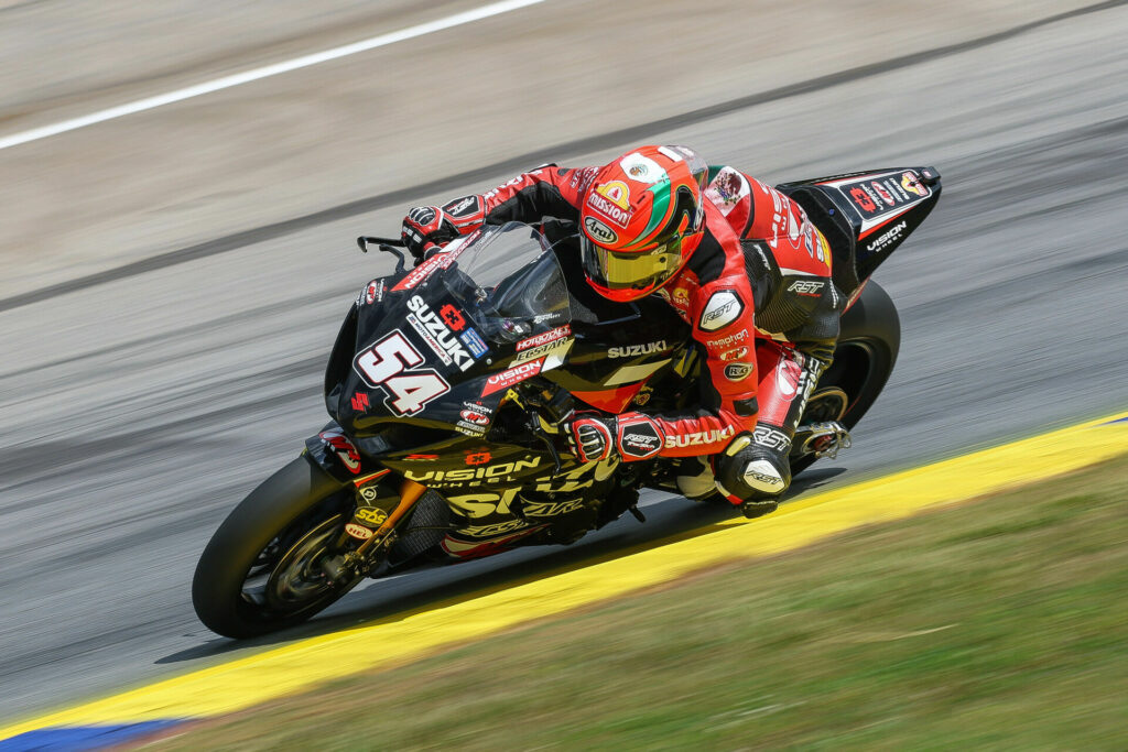 Richie Escalante (#54) overcomes tricky conditions to secure a pair of sixth-place finishes on the GSX-R1000R Superbike. Photo courtesy Suzuki Motor USA. 