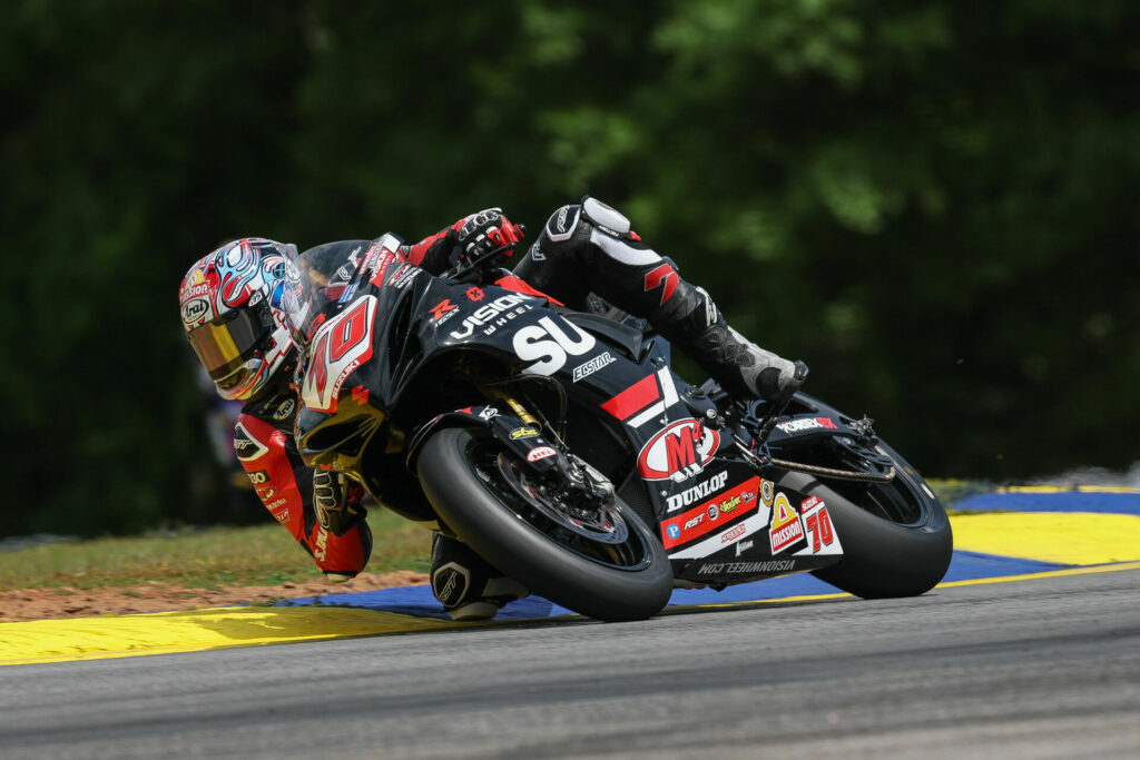 Tyler Scott (#70) charges to a well-earned third-place finish aboard his GSX-R750, marking a strong return to the MotoAmerica Supersport podium in Atlanta. Photo courtesy Suzuki Motor USA.
