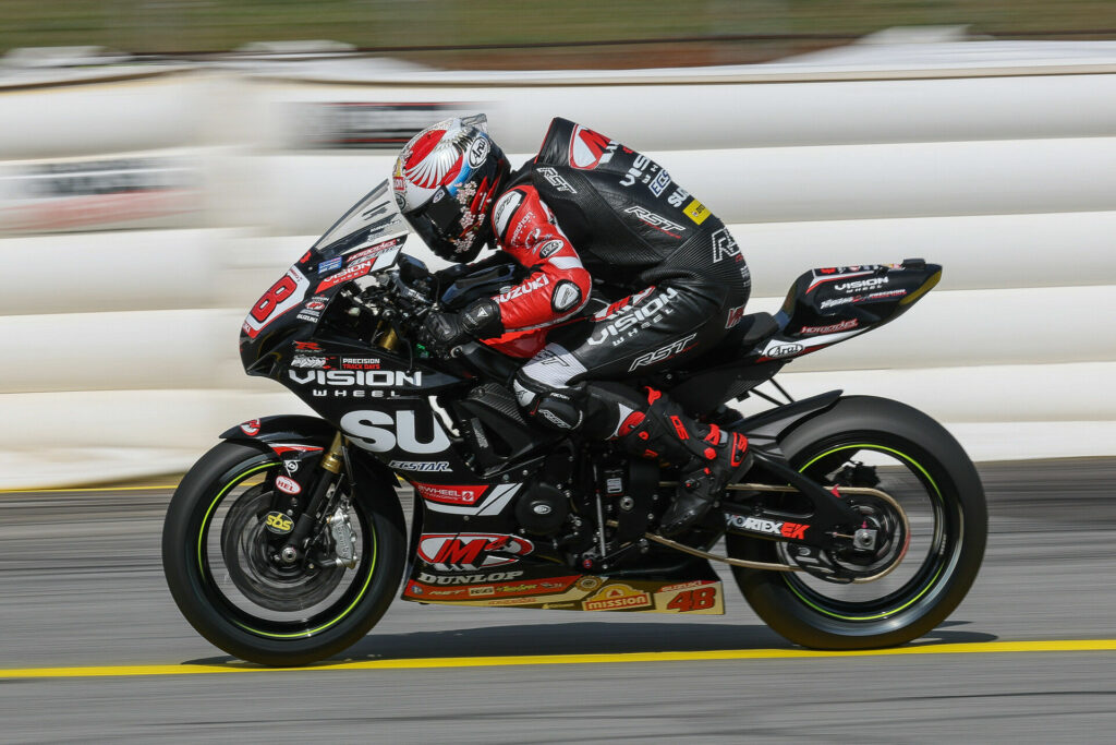 Max Van (#48) shows promise in mixed conditions with a strong seventh-place finish on Saturday aboard the GSX-R750. Photo courtesy Suzuki Motor USA. 