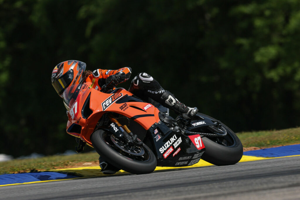 Rocco Landers (#97) adapts quickly to Stock 1000 action, finishing as the top Suzuki with a pair of ninths on the GSX-R1000. Photo courtesy Suzuki Motor USA. 