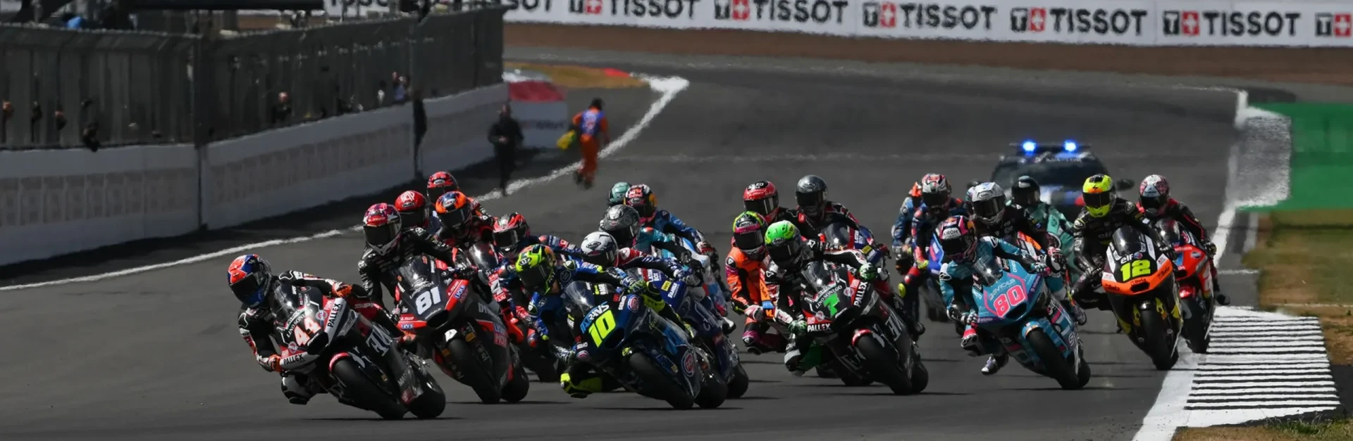 Moto2 race start at Silverstone Circuit, in England. Photo courtesy Dorna.