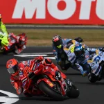 Marc Marquez (93), Alex Marquez (73), Fermin Aldeguer (54) and Fabio Di Giannantonio (49) during practice session at Silverstone Circuit, in England. Photo courtesy Dorna.