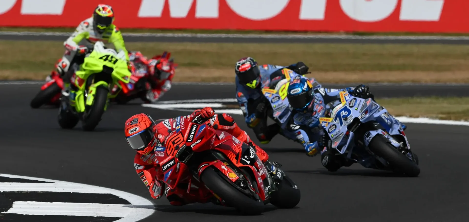 Marc Marquez (93), Alex Marquez (73), Fermin Aldeguer (54) and Fabio Di Giannantonio (49) during practice session at Silverstone Circuit, in England. Photo courtesy Dorna.