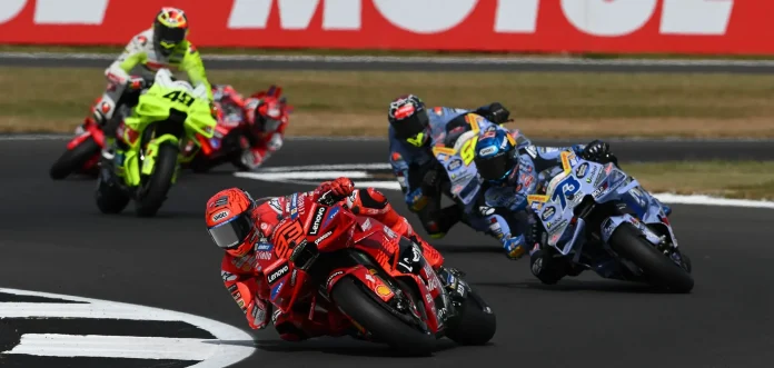 Marc Marquez (93), Alex Marquez (73), Fermin Aldeguer (54) and Fabio Di Giannantonio (49) during practice session at Silverstone Circuit, in England. Photo courtesy Dorna.