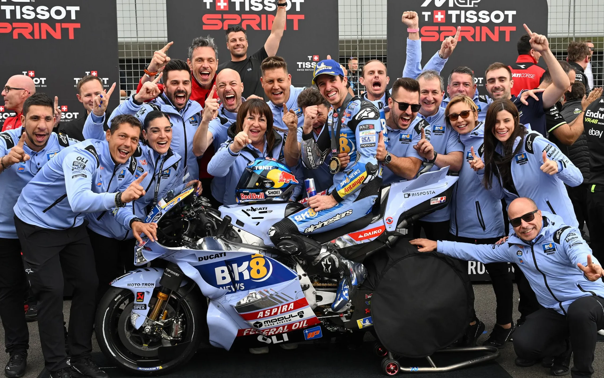Tissot Sprint race winner Alex Marquez and all BK8 Gresini Racing Team members.