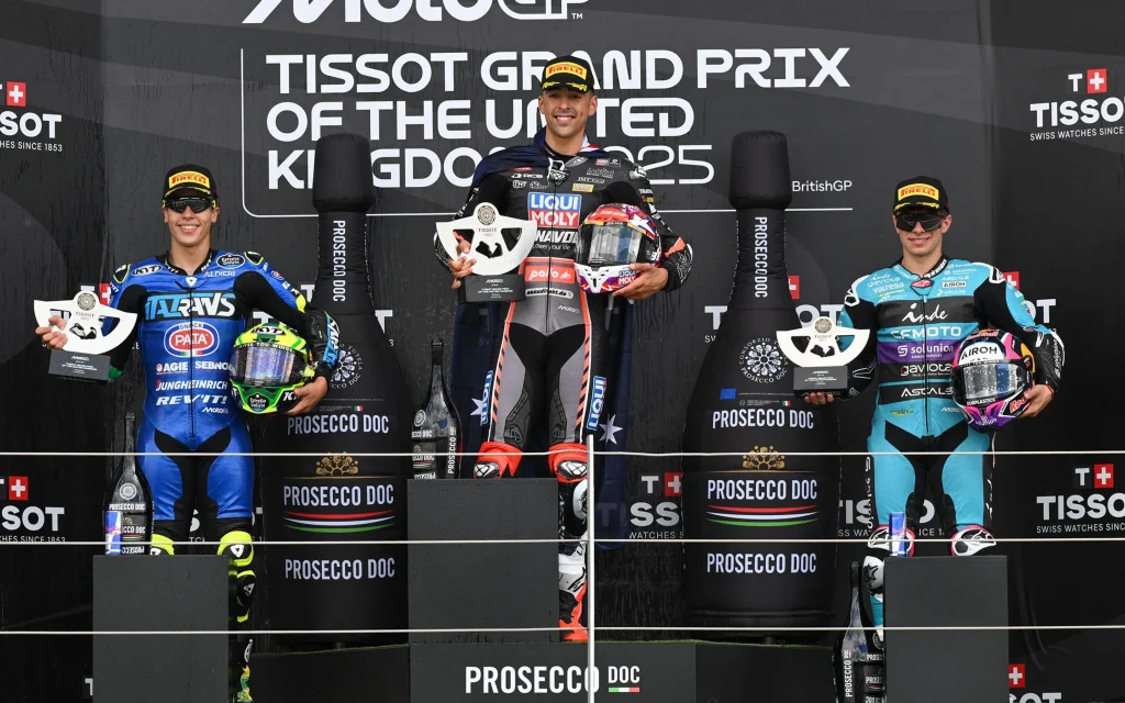 Podium picture with , from left to right, Diogo Moreira, Senna Agius and David Alonso. Photo courtesy Dorna.