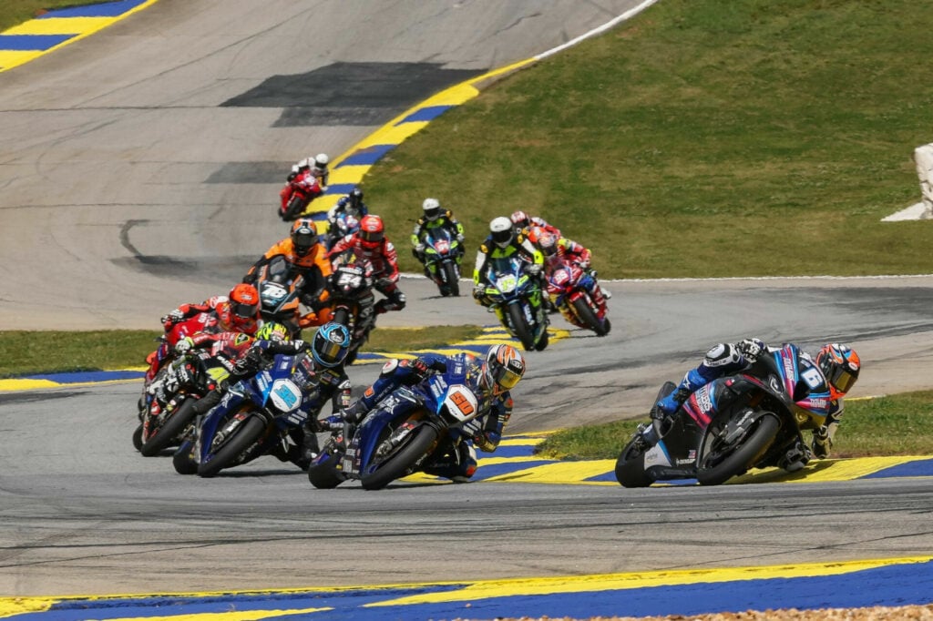 Cameron Beaubier (6) leads Bobby Fong (50), Jake Gagne (32), and the rest of the Superbike pack at Road Atlanta on Sunday. Photo courtesy: Brian J. Nelson