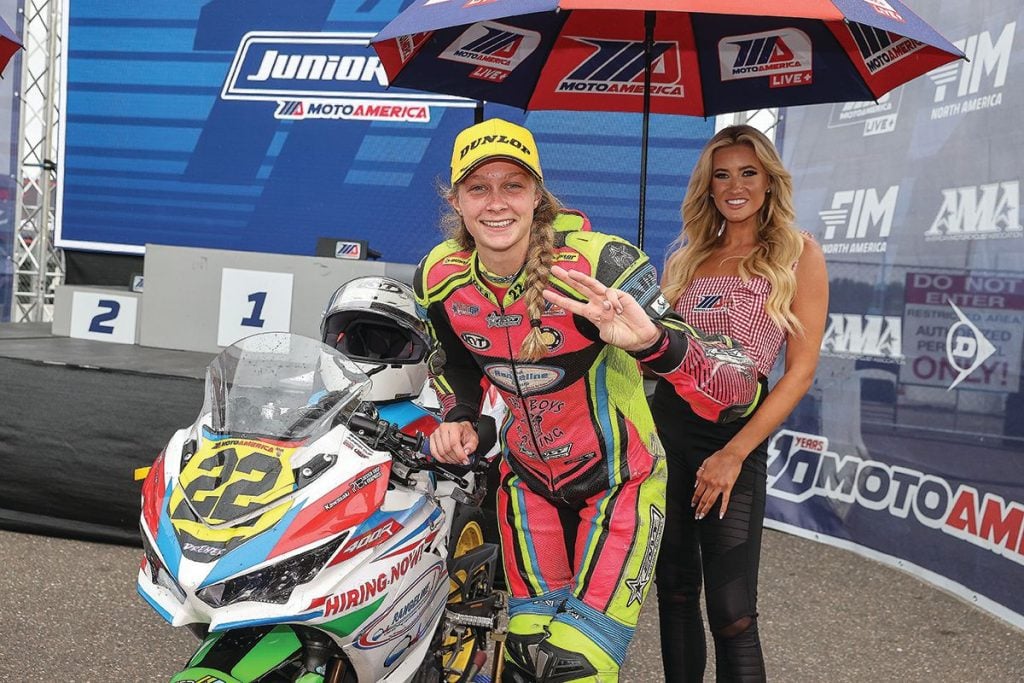 Ella Dreher on the MotoAmerica Junior Cup podium at Brainerd in 2024. Photo by BJN