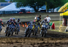 Mission AFT SuperTwins riders at the start in Chico at Silver Dollar Speedway; Briar Bauman (3), Dallas Daniels (32), and Brandon Robinson (44) [Photo: American Flat Track/Tim Lester]
