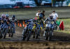 Mission AFT SuperTwins riders at the start in Chico at Silver Dollar Speedway; Briar Bauman (3), Dallas Daniels (32), and Brandon Robinson (44) [Photo: American Flat Track/Tim Lester]