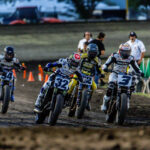 Mission AFT SuperTwins riders at the start in Chico at Silver Dollar Speedway; Briar Bauman (3), Dallas Daniels (32), and Brandon Robinson (44) [Photo: American Flat Track/Tim Lester]