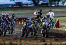 Mission AFT SuperTwins riders at the start in Chico at Silver Dollar Speedway; Briar Bauman (3), Dallas Daniels (32), and Brandon Robinson (44) [Photo: American Flat Track/Tim Lester]