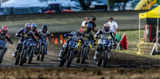 Mission AFT SuperTwins riders at the start in Chico at Silver Dollar Speedway; Briar Bauman (3), Dallas Daniels (32), and Brandon Robinson (44) [Photo: American Flat Track/Tim Lester]