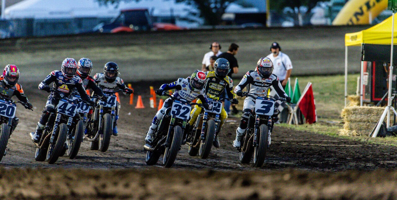Mission AFT SuperTwins riders at the start in Chico at Silver Dollar Speedway; Briar Bauman (3), Dallas Daniels (32), and Brandon Robinson (44) [Photo: American Flat Track/Tim Lester]