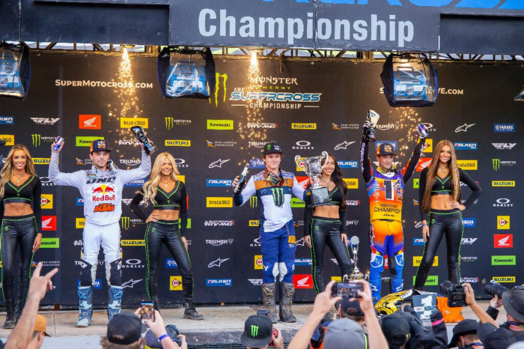 250SX Class podium (riders left to right) Julien Beaumer, Haiden Deegan, and Tom Vialle.