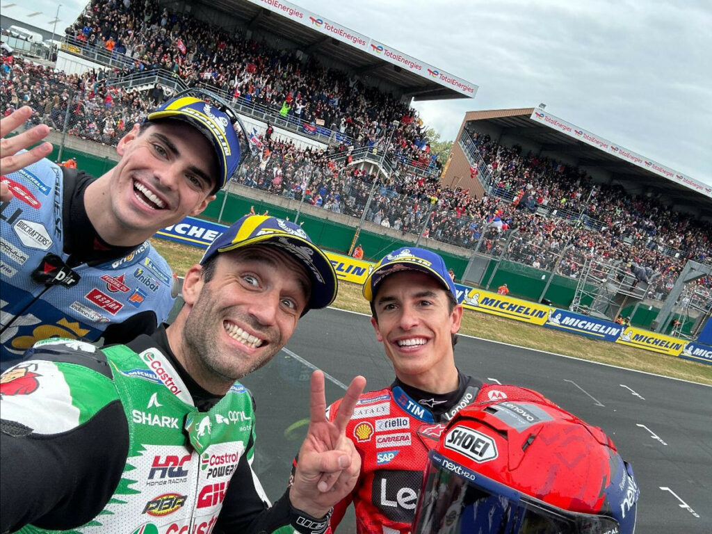 Postcards from the Le Mans podium, from left to right, Fermin Aldeguer (P.3), Johann Zarco (P.1) and Marc Marquez (P.2). Photo courtesy Dorna.