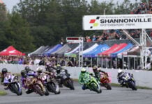 The GP Bikes Pro Superbike riders heads into turn one at Shannonville Motorsport Park last September. The field will look a little different when the 2025 season kicks off at the Ontario circuit this weekend - most notably, champion Ben Young's (1) switch to Honda and Alex Dumas (23) making the change to BMW. Photo by Rob O'Brien / courtesy CSBK