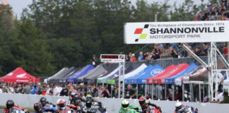 The GP Bikes Pro Superbike riders heads into turn one at Shannonville Motorsport Park last September. The field will look a little different when the 2025 season kicks off at the Ontario circuit this weekend - most notably, champion Ben Young's (1) switch to Honda and Alex Dumas (23) making the change to BMW. Photo by Rob O'Brien / courtesy CSBK