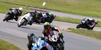 Pro Supersport champion Sebastien Tremblay (1) leads the field last September at Shannonville Motorsport Park where the 2025 CSBK season will kick off later this week. Four of the other riders shown completed the top five in the 2024 Supersport championship behind Tremblay - Maverick Cyr (4, 2nd), John Laing (707, 3rd), Andrew Van Winkle (45, 4th), and Trevor Daley (166, 5th). Photo by Rob O'Brien / courtesy CSBK.