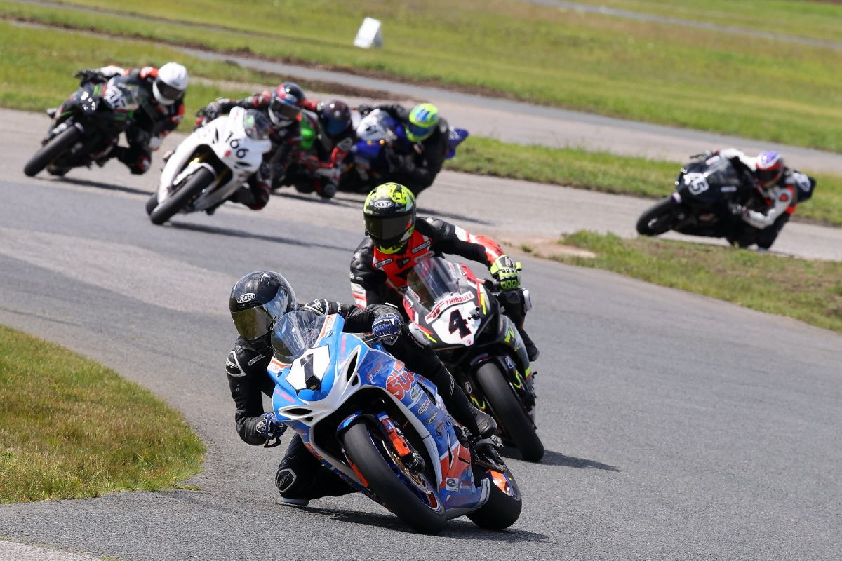 Pro Supersport champion Sebastien Tremblay (1) leads the field last September at Shannonville Motorsport Park where the 2025 CSBK season will kick off later this week. Four of the other riders shown completed the top five in the 2024 Supersport championship behind Tremblay - Maverick Cyr (4, 2nd), John Laing (707, 3rd), Andrew Van Winkle (45, 4th), and Trevor Daley (166, 5th). Photo by Rob O'Brien / courtesy CSBK.