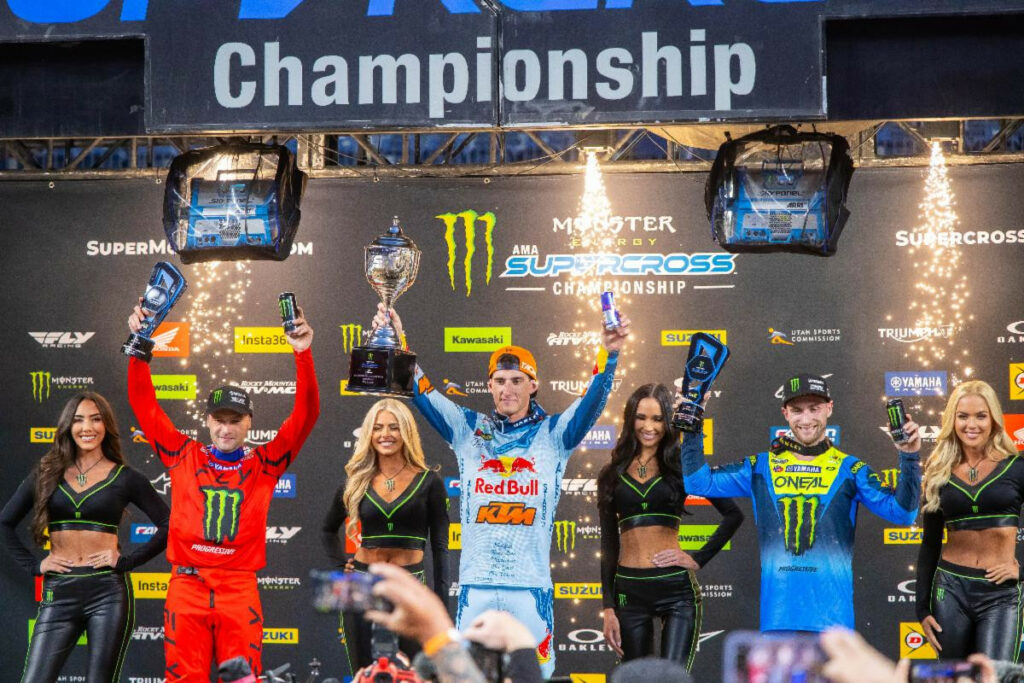 450SX Class podium (riders left to right) Cooper Webb, Chase Sexton, and Justin Cooper.