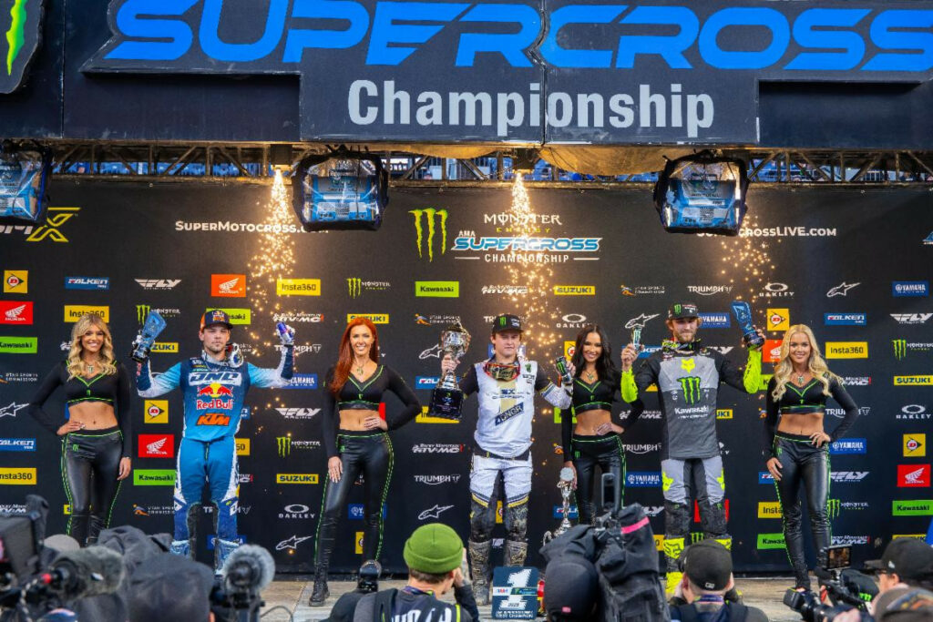 250SX Class podium (riders left to right) Julien Beaumer, Haiden Deegan, and Garrett Marchbanks.