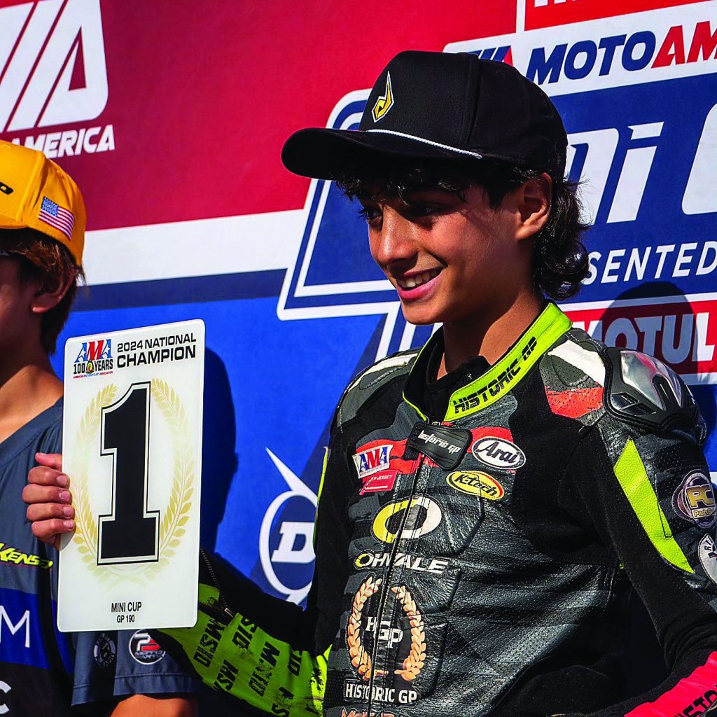 Mahdi Salem on the MotoAmerica Mini Cup podium at Road America in 2024. Photo courtesy MotoAmerica.
