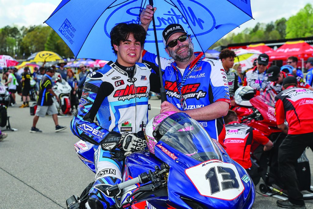 Owen Williams on the MotoAmerica Supersport grid at Barber with a crew member. Photo by Brian J. Nelson.