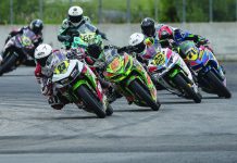Woodworth action: Isaac Woodworth (27) leading a MotoAmerica Junior Cup race at Brainerd in 2024. Photo by Brian J. Nelson.
