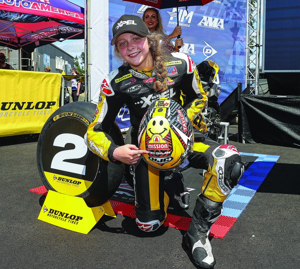 Kayla Yaakov on the MotoAmerica Supersport podium at Ridge Motorsports Park in 2024. Photo by Brian J. Nelson.