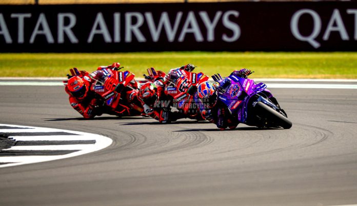 Australian star Jack Miller (43) leads Francesco Bagnaia (63) and Marc Marquez (93) during the 2025 MotoGP round at Silverstone, England. 
