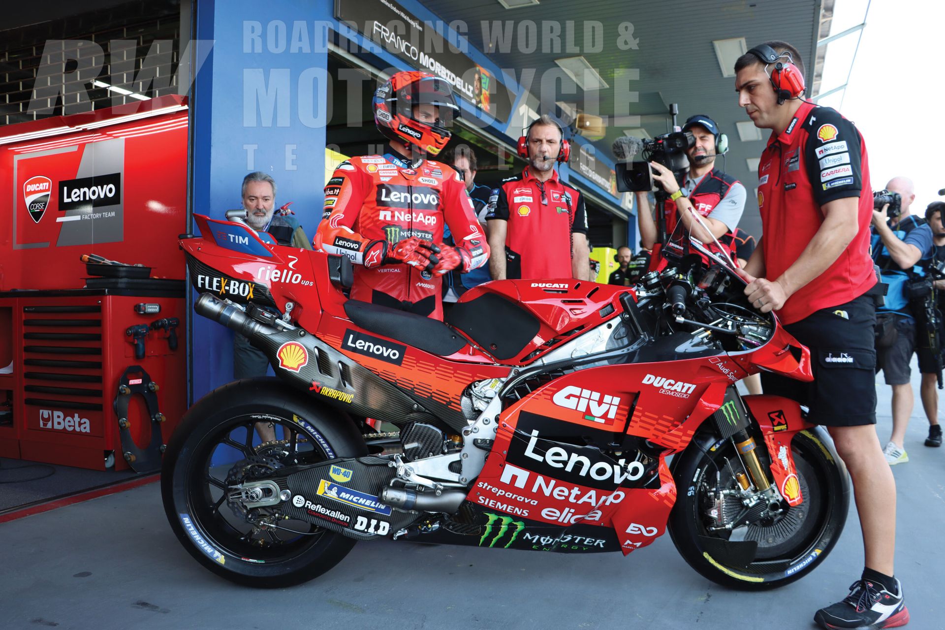 A 2025 factory Desmosedici during this year's Thai GP, with Marc Marquez about to climb aboard.