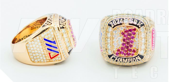Josh Herrin's 2024 MotoAmerica Superbike Championship ring is made of over an ounce of gold plus 206 natural diamond and ruby gemstones. Retail value would be between $15,000 and $20,000.